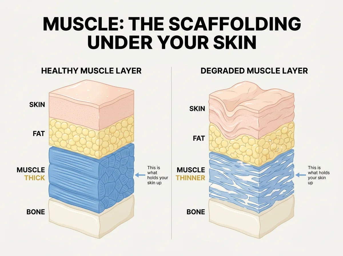 Medical infographic showing skin cross-section: healthy muscle layer (thick, firm) vs degraded muscle layer (thinner, depleted) — muscle is what holds the skin up