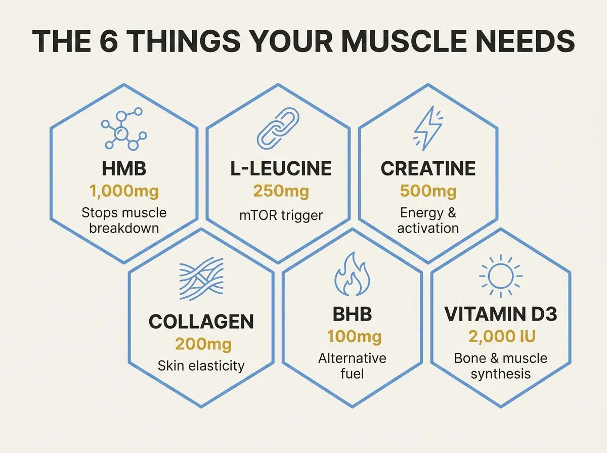 Six hexagonal cells showing the MYOTIDE 6-ingredient muscle-preservation stack: HMB 1,000mg, L-Leucine 250mg, Creatine 500mg, Collagen 200mg, BHB 100mg, Vitamin D3 2,000 IU