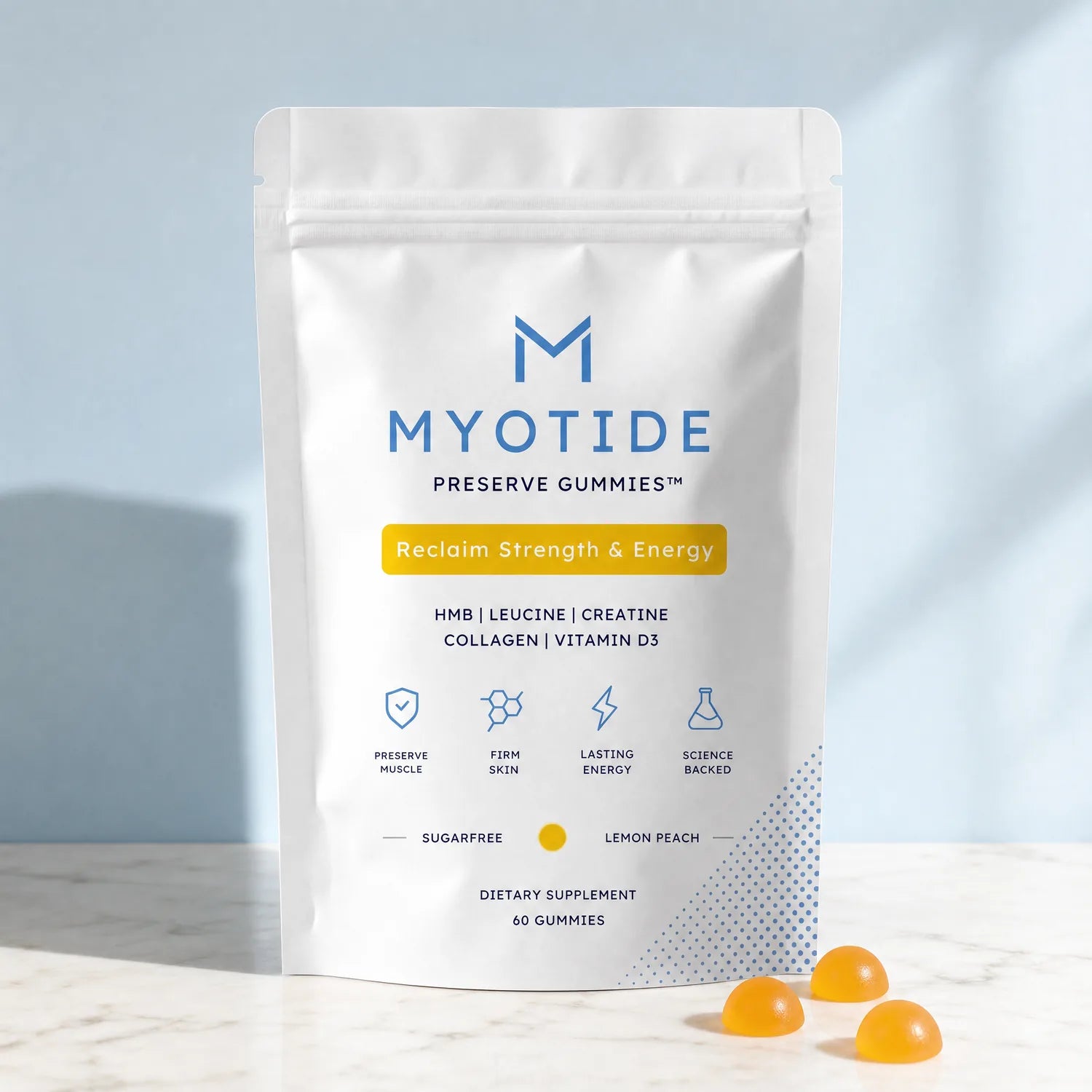 MYOTIDE Preserve Gummies pouch on cream marble with two small translucent lemon-peach gummies as subtle accents in soft golden natural light — premium product hero shot showing the canonical Pack v3.0 design