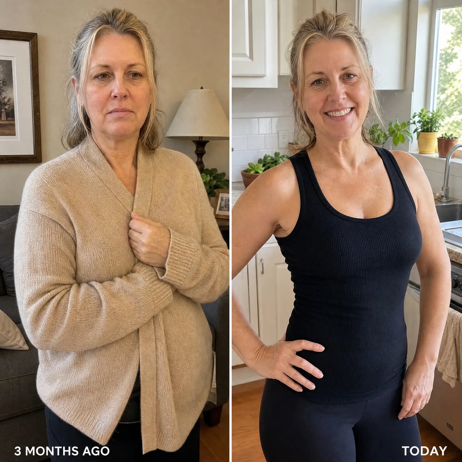 Linda H., 58 — front-facing before/after split (NOT mirror selfie): '3 MONTHS AGO' Linda in her living room wearing a beige long-sleeve cardigan clasped closed, fuller body shape, embarrassed expression · 'TODAY' Linda in her sunny kitchen in a sleeveless black tank top, visibly slimmer + toned arms + more sculpted silhouette, broad joyful smile, hand confidently on hip